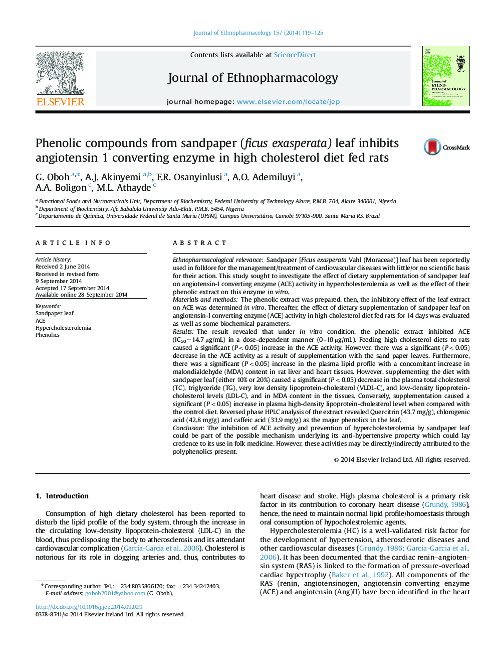 Phenolic compounds from sandpaper (ficus exasperata) leaf inhibits angiotensin 1 converting enzyme in high cholesterol diet fed rats