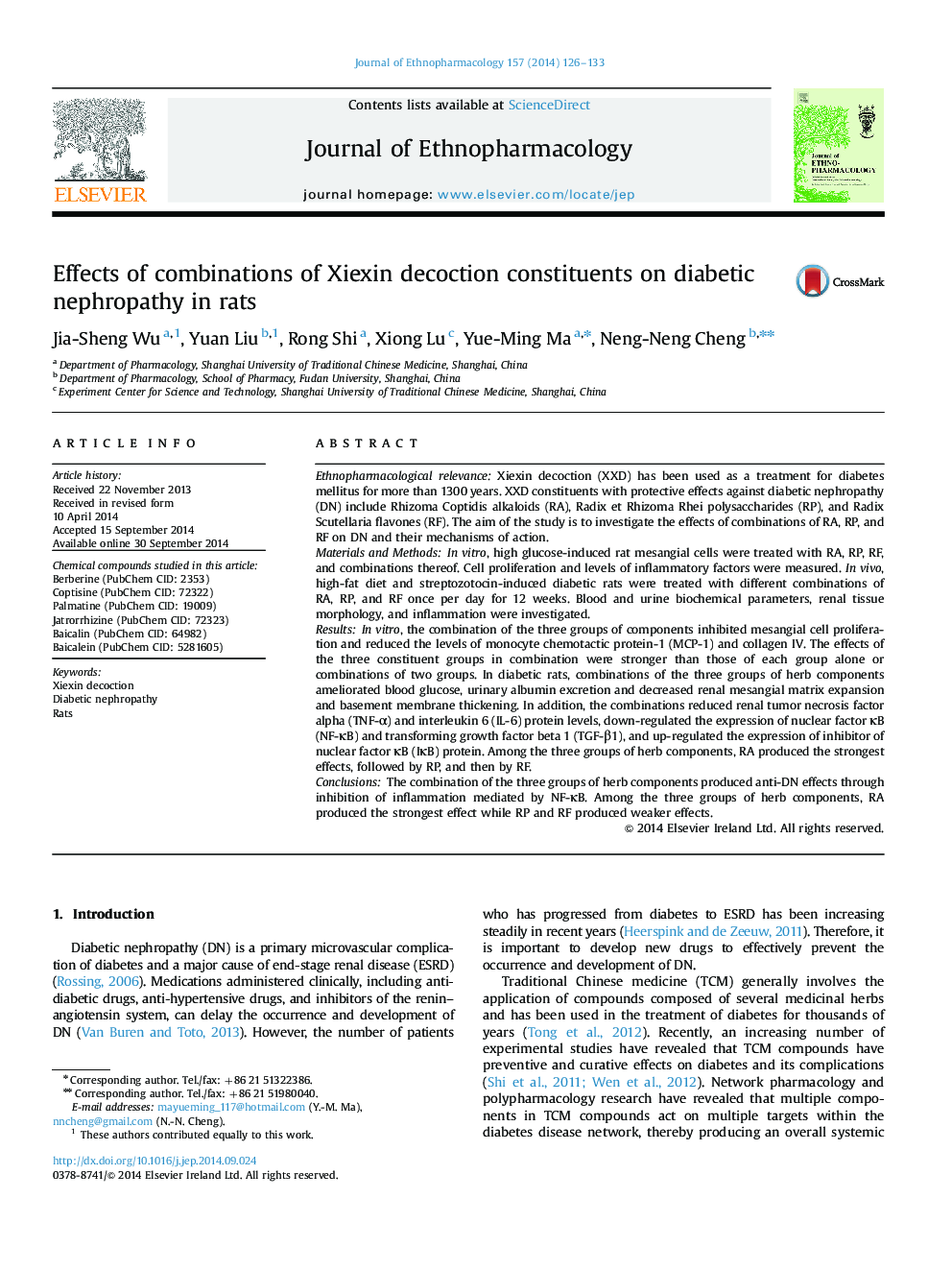 Effects of combinations of Xiexin decoction constituents on diabetic nephropathy in rats