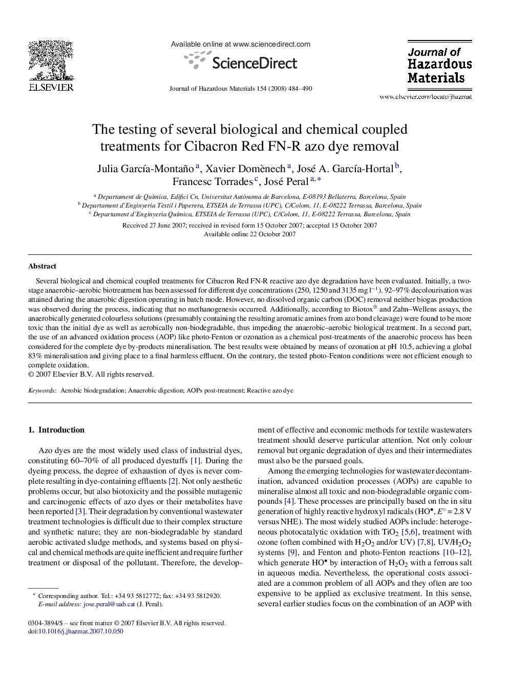 The testing of several biological and chemical coupled treatments for Cibacron Red FN-R azo dye removal