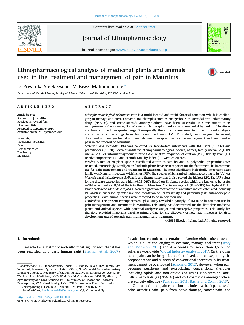 Ethnopharmacological analysis of medicinal plants and animals used in the treatment and management of pain in Mauritius