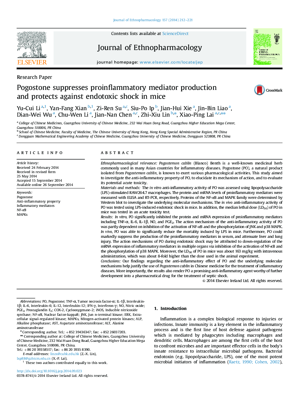 Research PaperPogostone suppresses proinflammatory mediator production and protects against endotoxic shock in mice