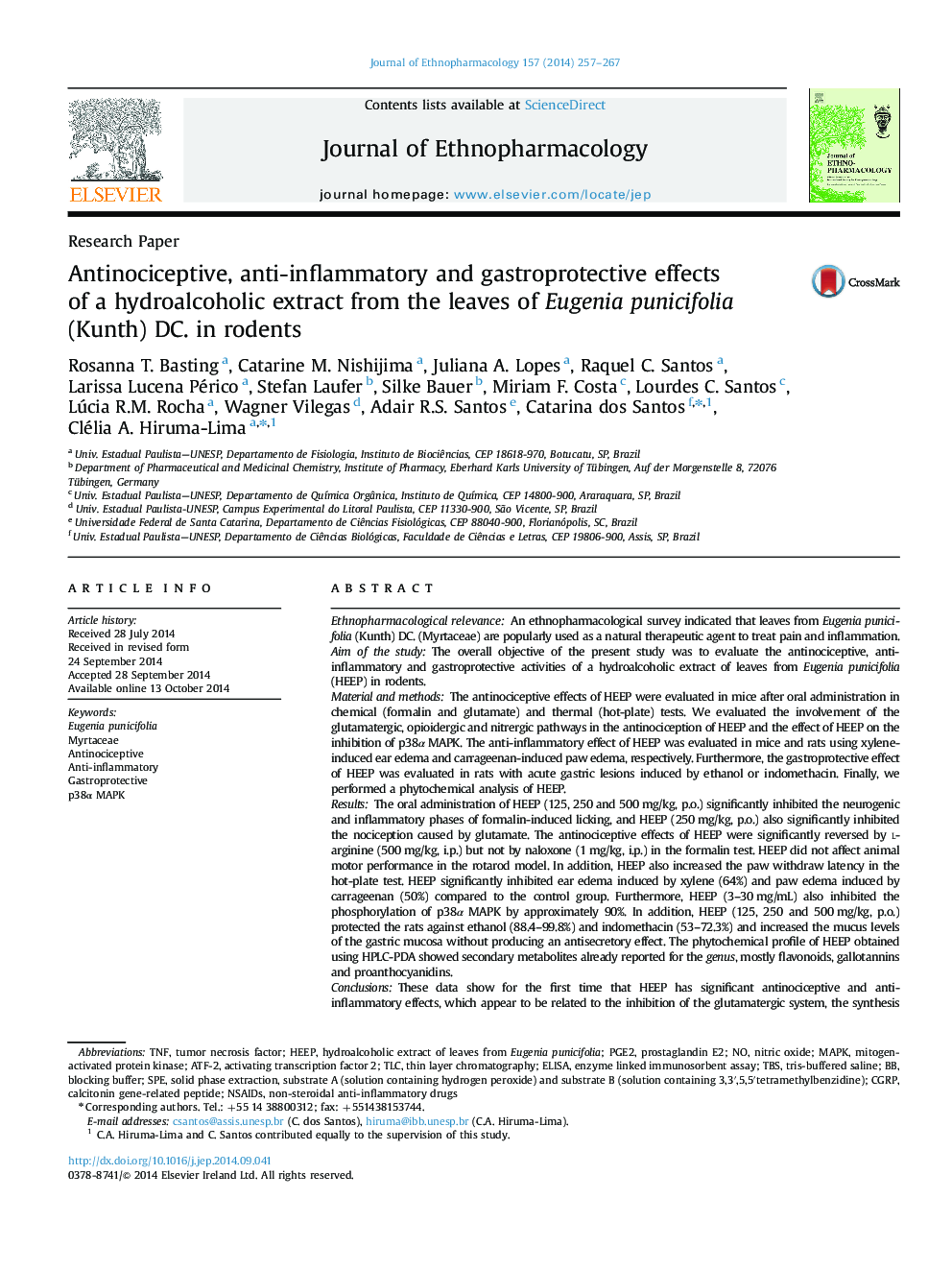 Antinociceptive, anti-inflammatory and gastroprotective effects of a hydroalcoholic extract from the leaves of Eugenia punicifolia (Kunth) DC. in rodents