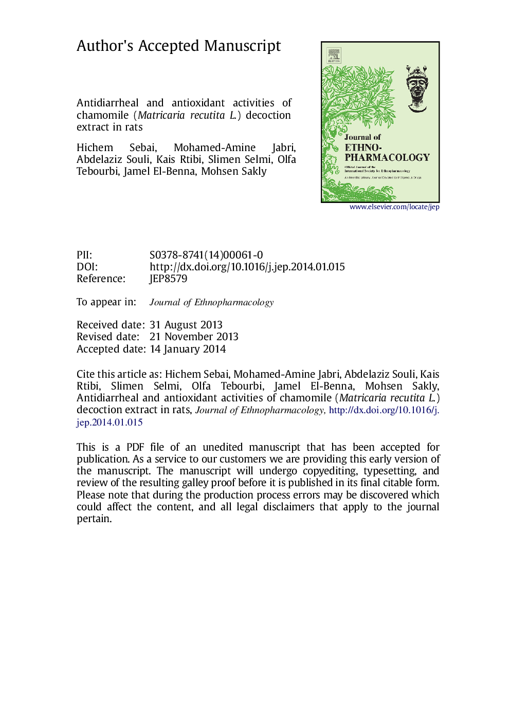 Antidiarrheal and antioxidant activities of chamomile (Matricaria recutita L.) decoction extract in rats