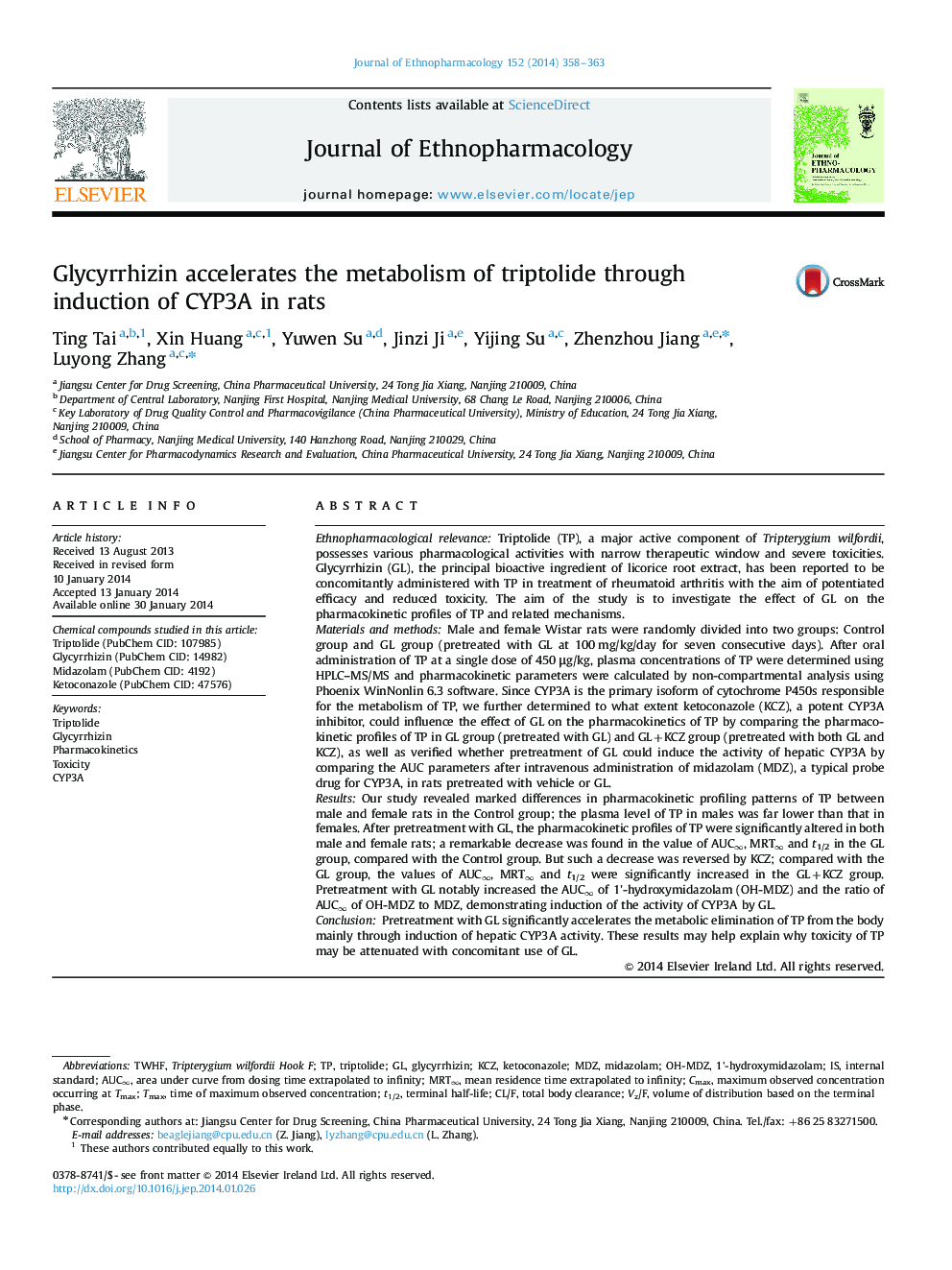 Glycyrrhizin accelerates the metabolism of triptolide through induction of CYP3A in rats