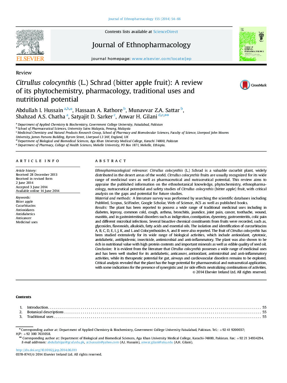 ReviewCitrullus colocynthis (L.) Schrad (bitter apple fruit): A review of its phytochemistry, pharmacology, traditional uses and nutritional potential