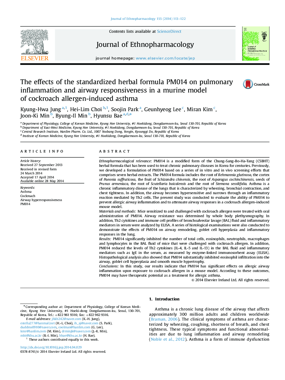 The effects of the standardized herbal formula PM014 on pulmonary inflammation and airway responsiveness in a murine model of cockroach allergen-induced asthma