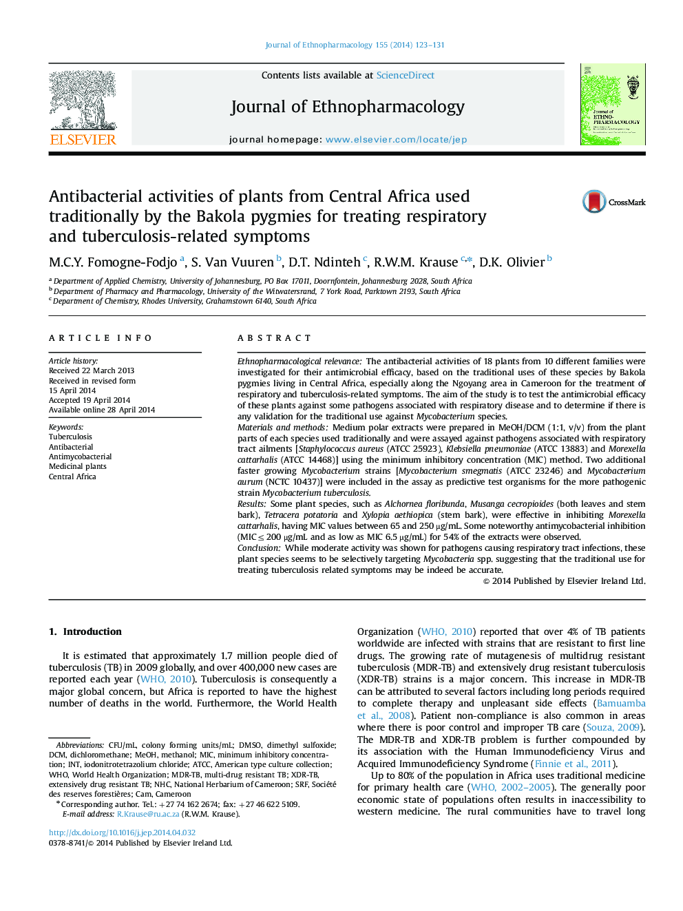 Antibacterial activities of plants from Central Africa used traditionally by the Bakola pygmies for treating respiratory and tuberculosis-related symptoms