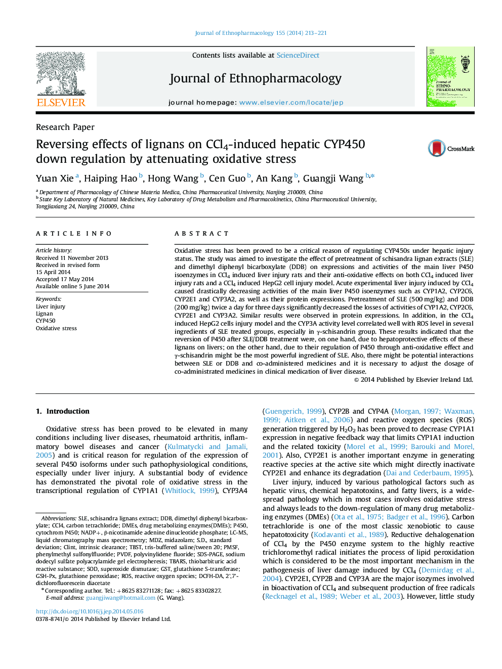 Research PaperReversing effects of lignans on CCl4-induced hepatic CYP450 down regulation by attenuating oxidative stress