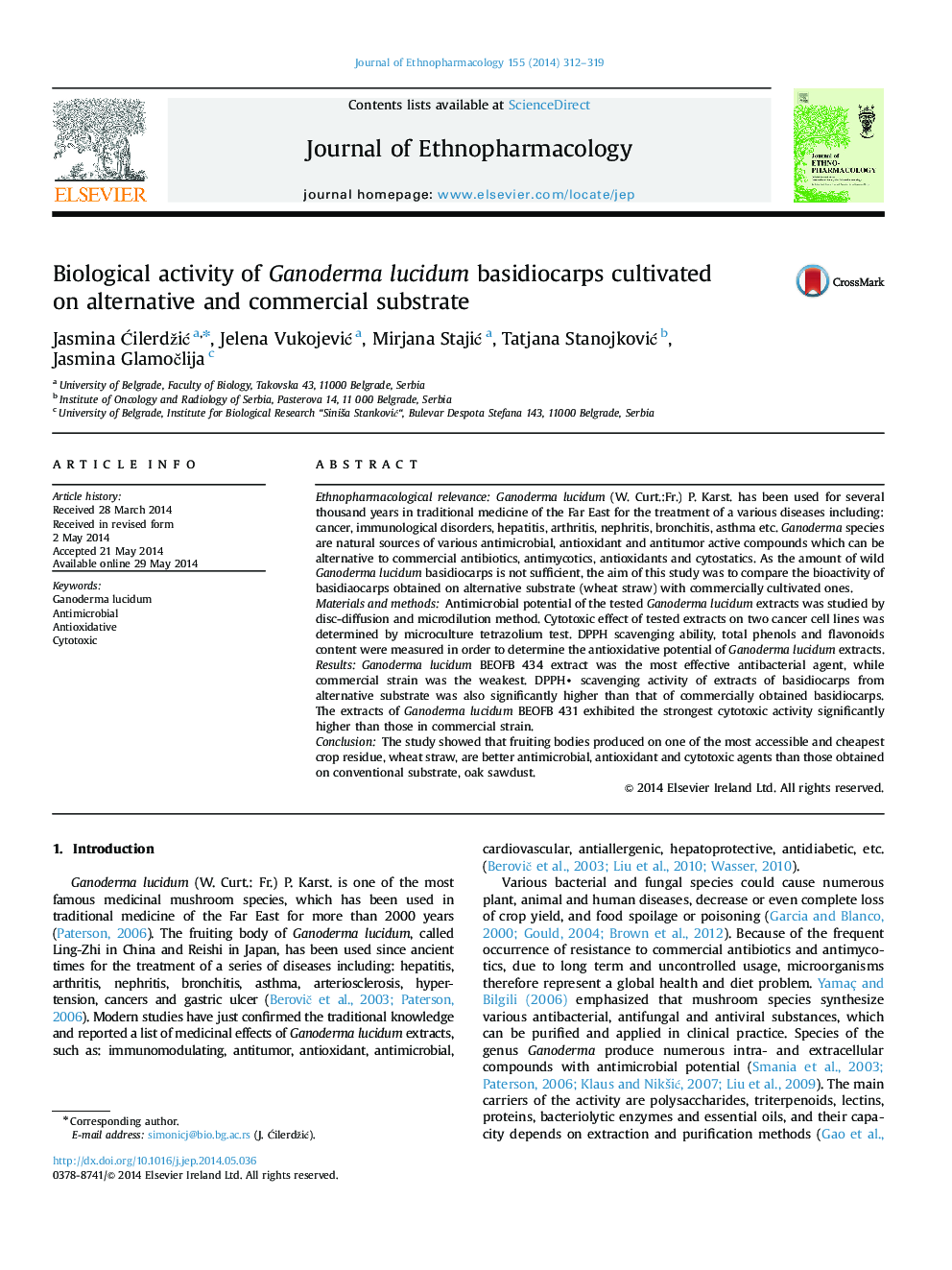 Biological activity of Ganoderma lucidum basidiocarps cultivated on alternative and commercial substrate