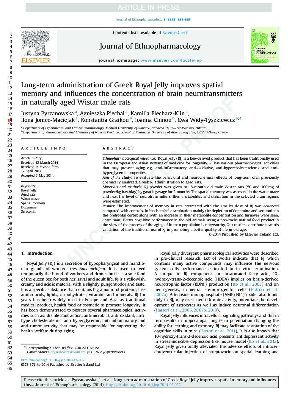 Long-term administration of Greek Royal Jelly improves spatial memory and influences the concentration of brain neurotransmitters in naturally aged Wistar male rats