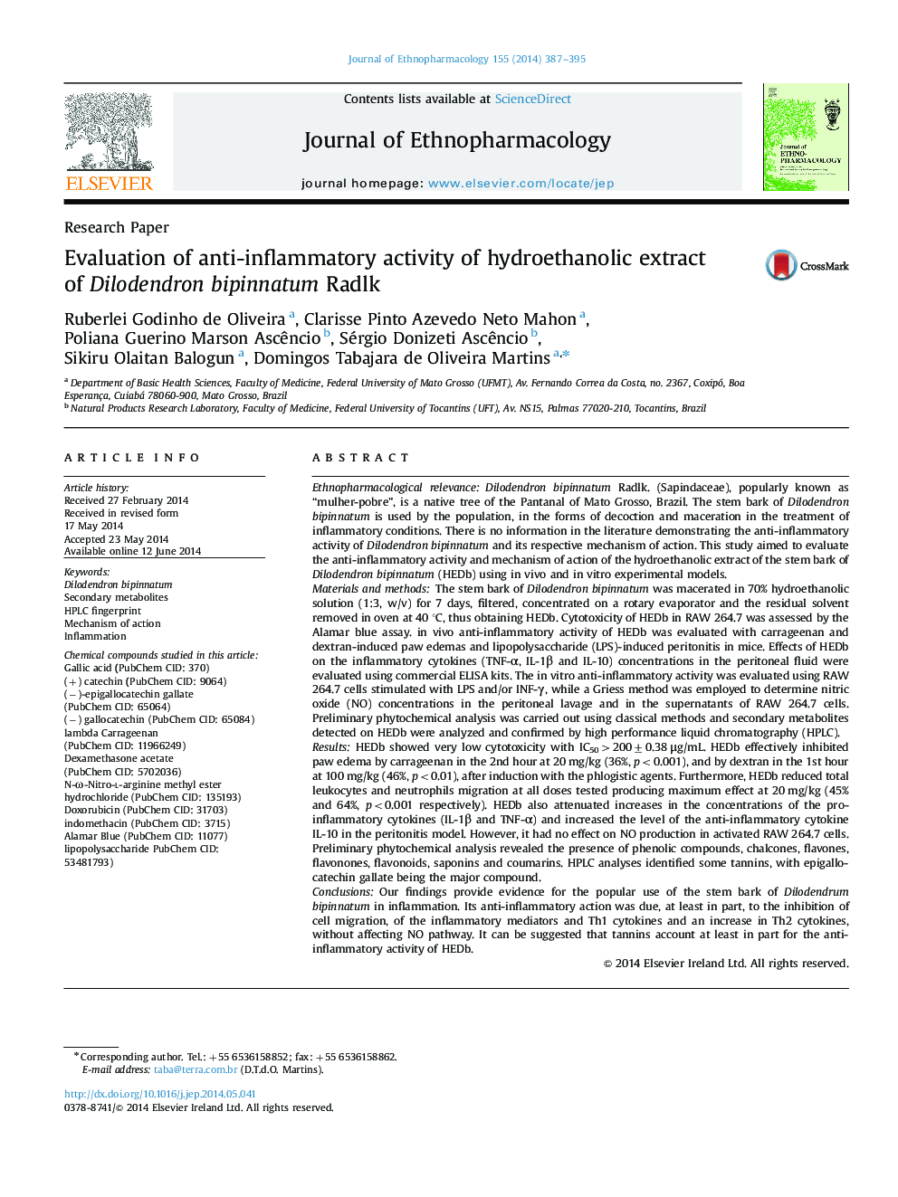 Evaluation of anti-inflammatory activity of hydroethanolic extract of Dilodendron bipinnatum Radlk