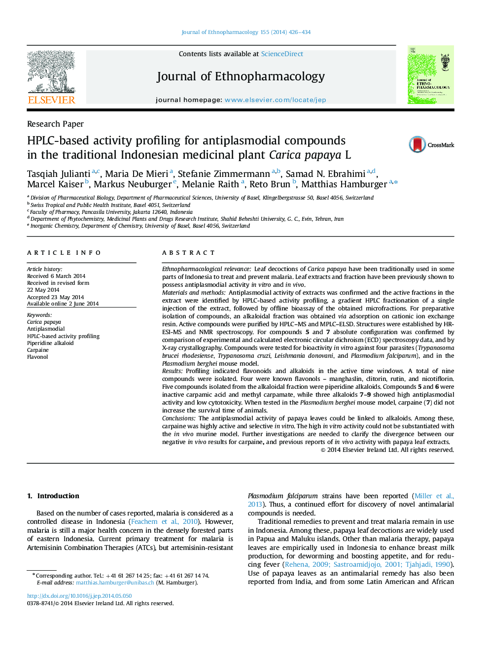 Research PaperHPLC-based activity profiling for antiplasmodial compounds in the traditional Indonesian medicinal plant Carica papaya L