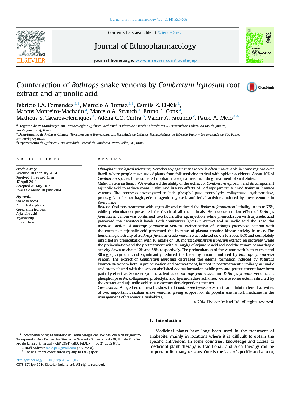 Counteraction of Bothrops snake venoms by Combretum leprosum root extract and arjunolic acid