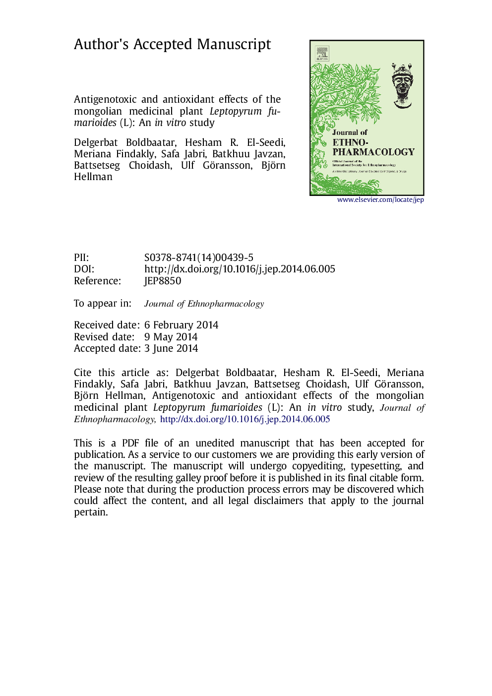 Antigenotoxic and antioxidant effects of the Mongolian medicinal plant Leptopyrum fumarioides (L): An in vitro study