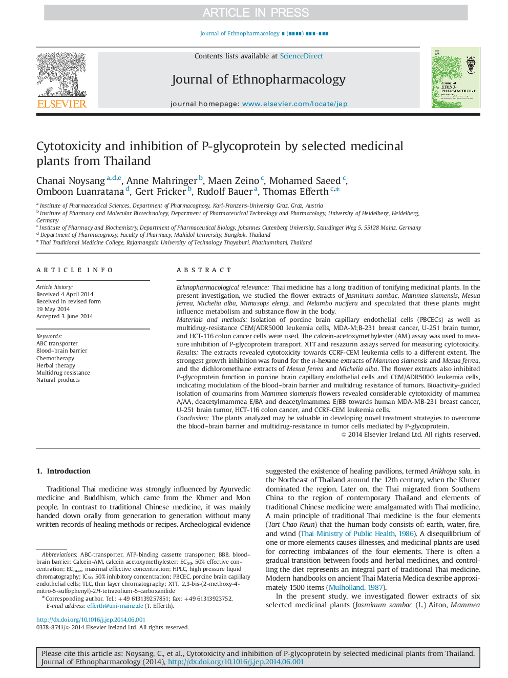 Cytotoxicity and inhibition of P-glycoprotein by selected medicinal plants from Thailand