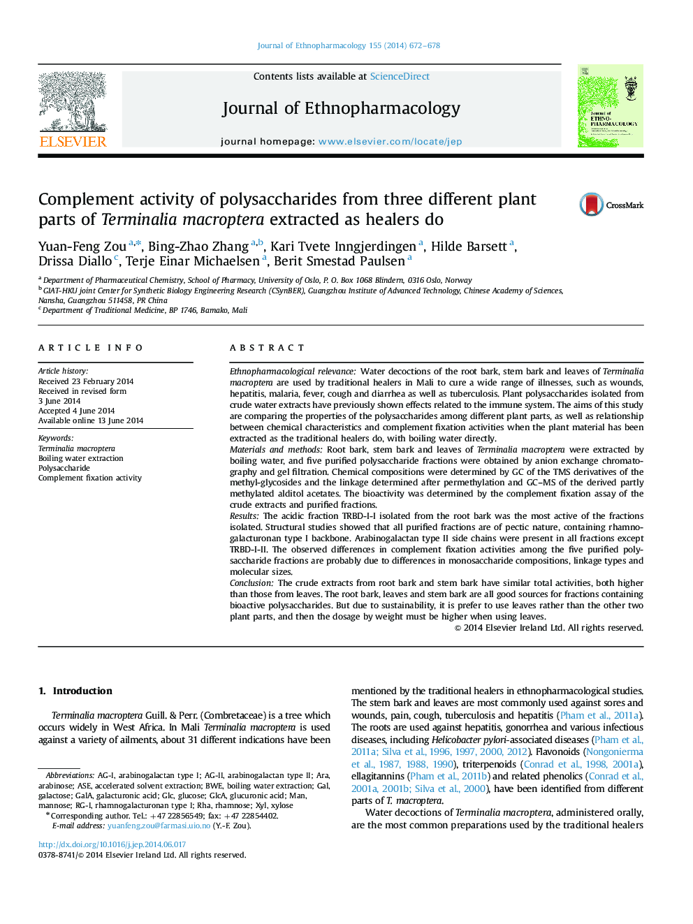 Complement activity of polysaccharides from three different plant parts of Terminalia macroptera extracted as healers do