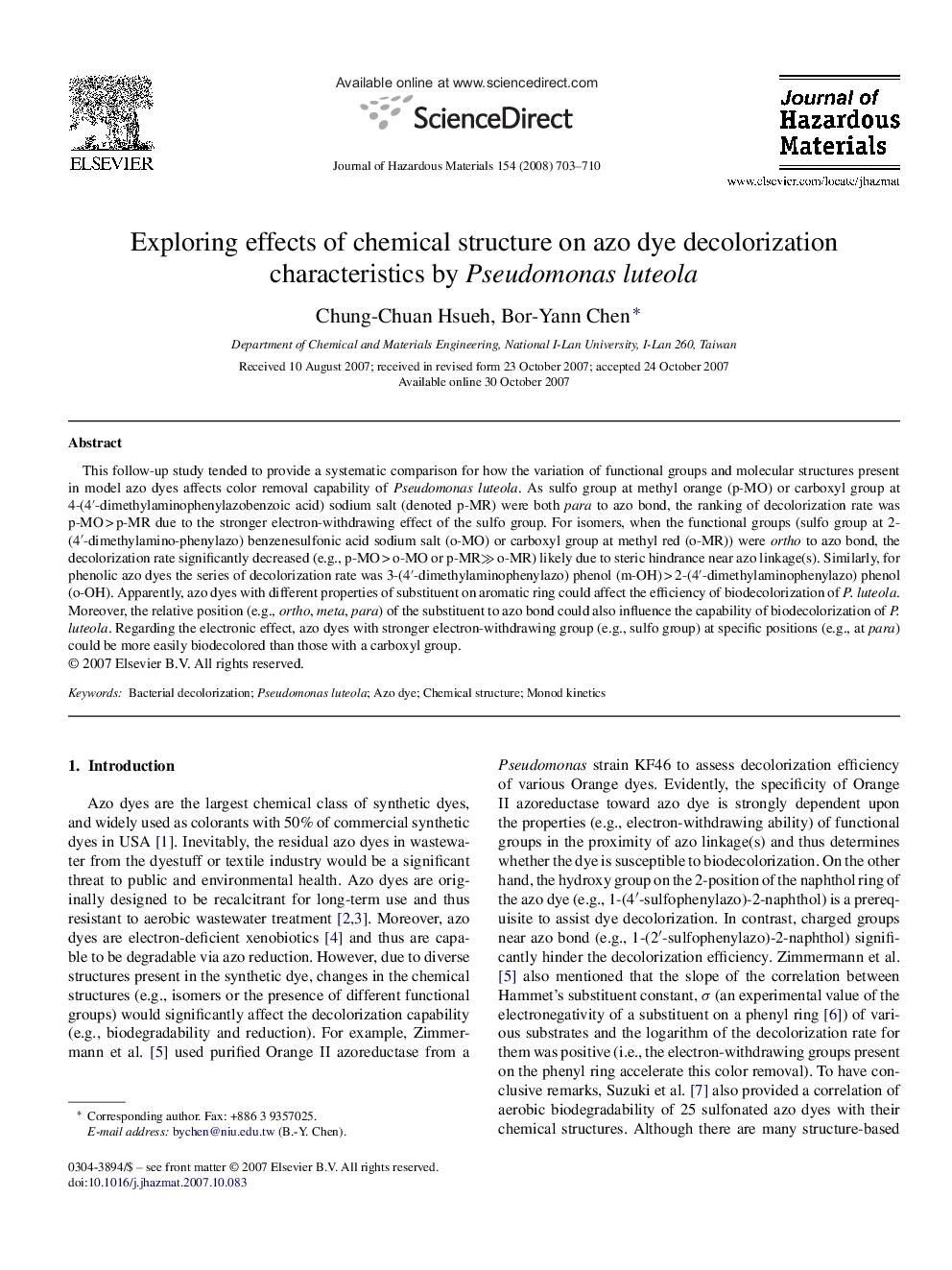 Exploring effects of chemical structure on azo dye decolorization characteristics by Pseudomonas luteola