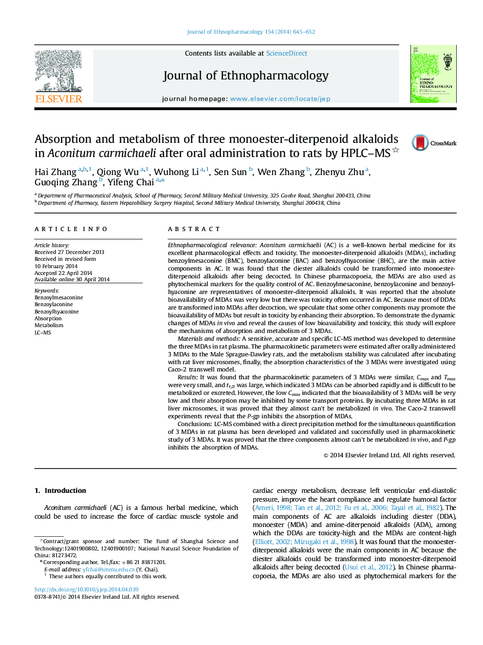 عکس صفحه اول مقاله: Absorption and metabolism of three monoester-diterpenoid alkaloids in Aconitum carmichaeli after oral administration to rats by HPLC-MS Absorption and metabolism of three monoester-diterpenoid alkaloids in Aconitum carmichaeli after oral administration to rats by HPLC-MS