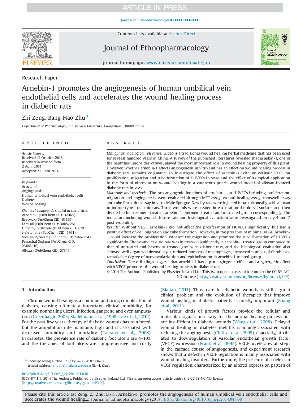 Arnebin-1 promotes the angiogenesis of human umbilical vein endothelial cells and accelerates the wound healing process in diabetic rats