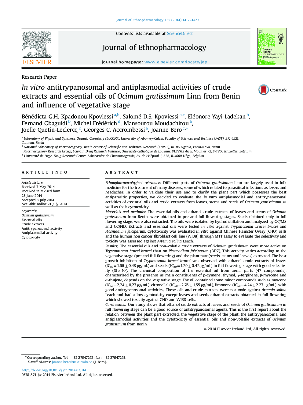 Research PaperIn vitro antitrypanosomal and antiplasmodial activities of crude extracts and essential oils of Ocimum gratissimum Linn from Benin and influence of vegetative stage