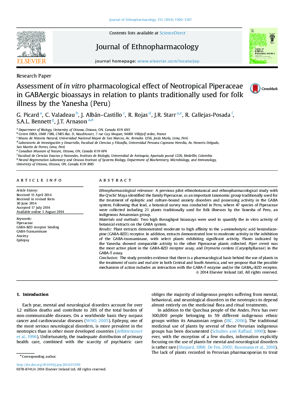 Assessment of in vitro pharmacological effect of Neotropical Piperaceae in GABAergic bioassays in relation to plants traditionally used for folk illness by the Yanesha (Peru)