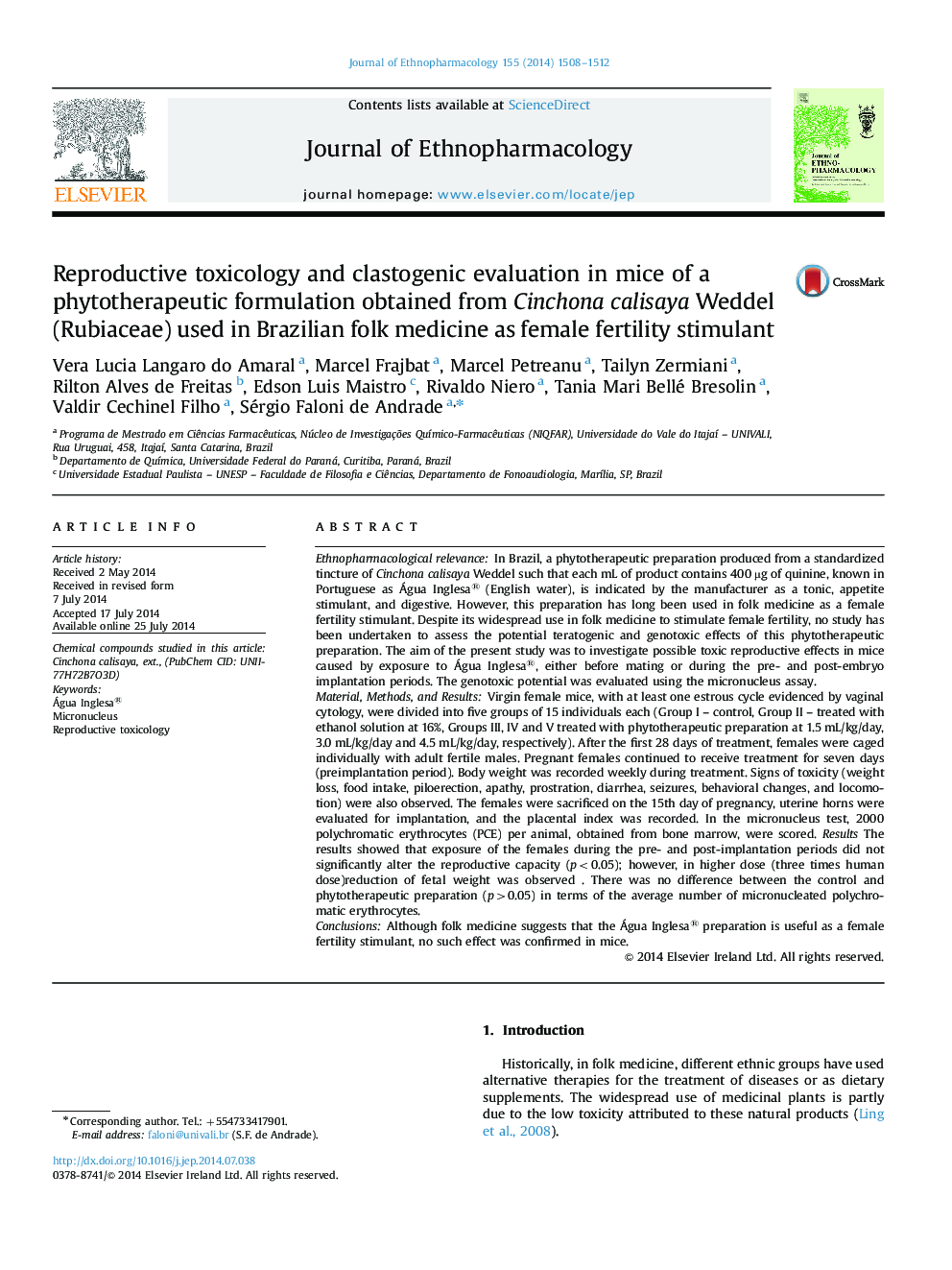 Reproductive toxicology and clastogenic evaluation in mice of a phytotherapeutic formulation obtained from Cinchona calisaya Weddel (Rubiaceae) used in Brazilian folk medicine as female fertility stimulant