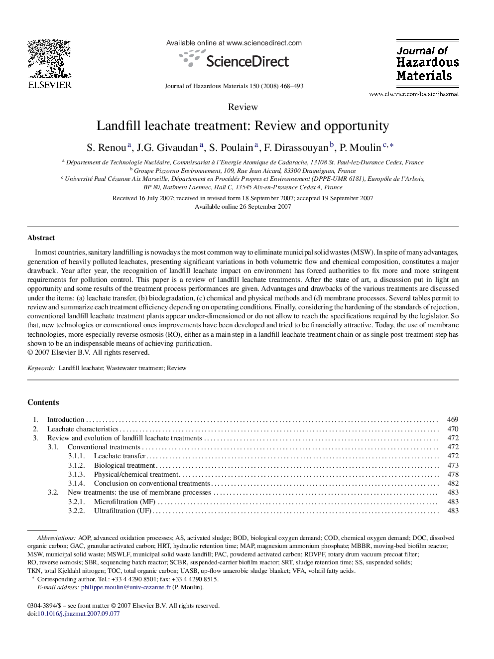 Landfill leachate treatment: Review and opportunity