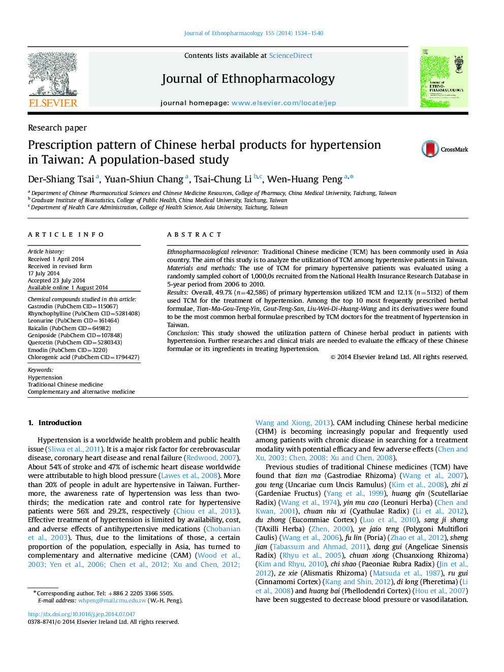 الگوی تجویزی محصولات گیاهی چینی برای فشار خون بالا در تایوان: مطالعه مبتنی بر جمعیت 
