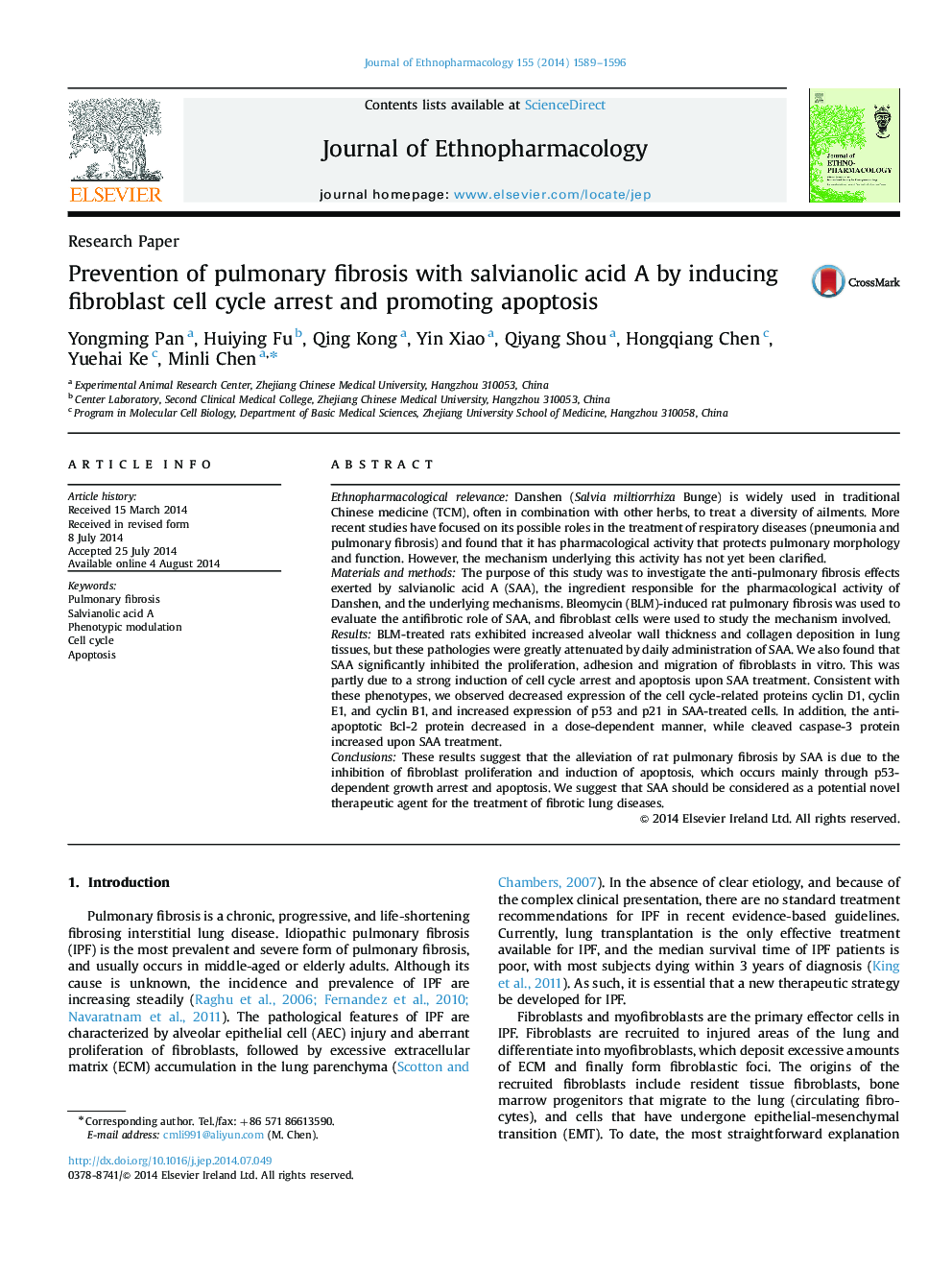 Prevention of pulmonary fibrosis with salvianolic acid A by inducing fibroblast cell cycle arrest and promoting apoptosis