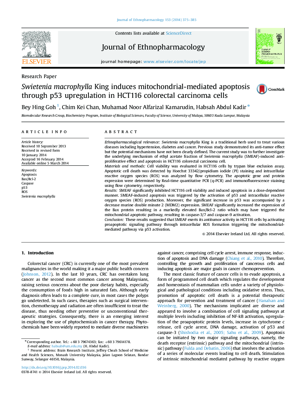 Research PaperSwietenia macrophylla King induces mitochondrial-mediated apoptosis through p53 upregulation in HCT116 colorectal carcinoma cells