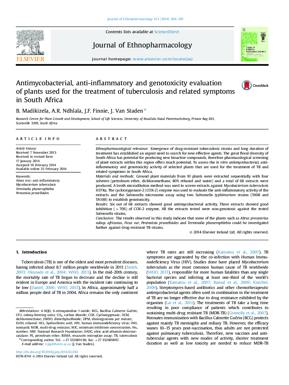 Antimycobacterial, anti-inflammatory and genotoxicity evaluation of plants used for the treatment of tuberculosis and related symptoms in South Africa