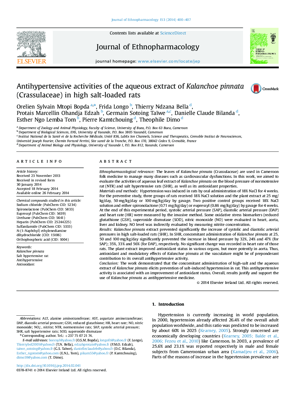 Antihypertensive activities of the aqueous extract of Kalanchoe pinnata (Crassulaceae) in high salt-loaded rats