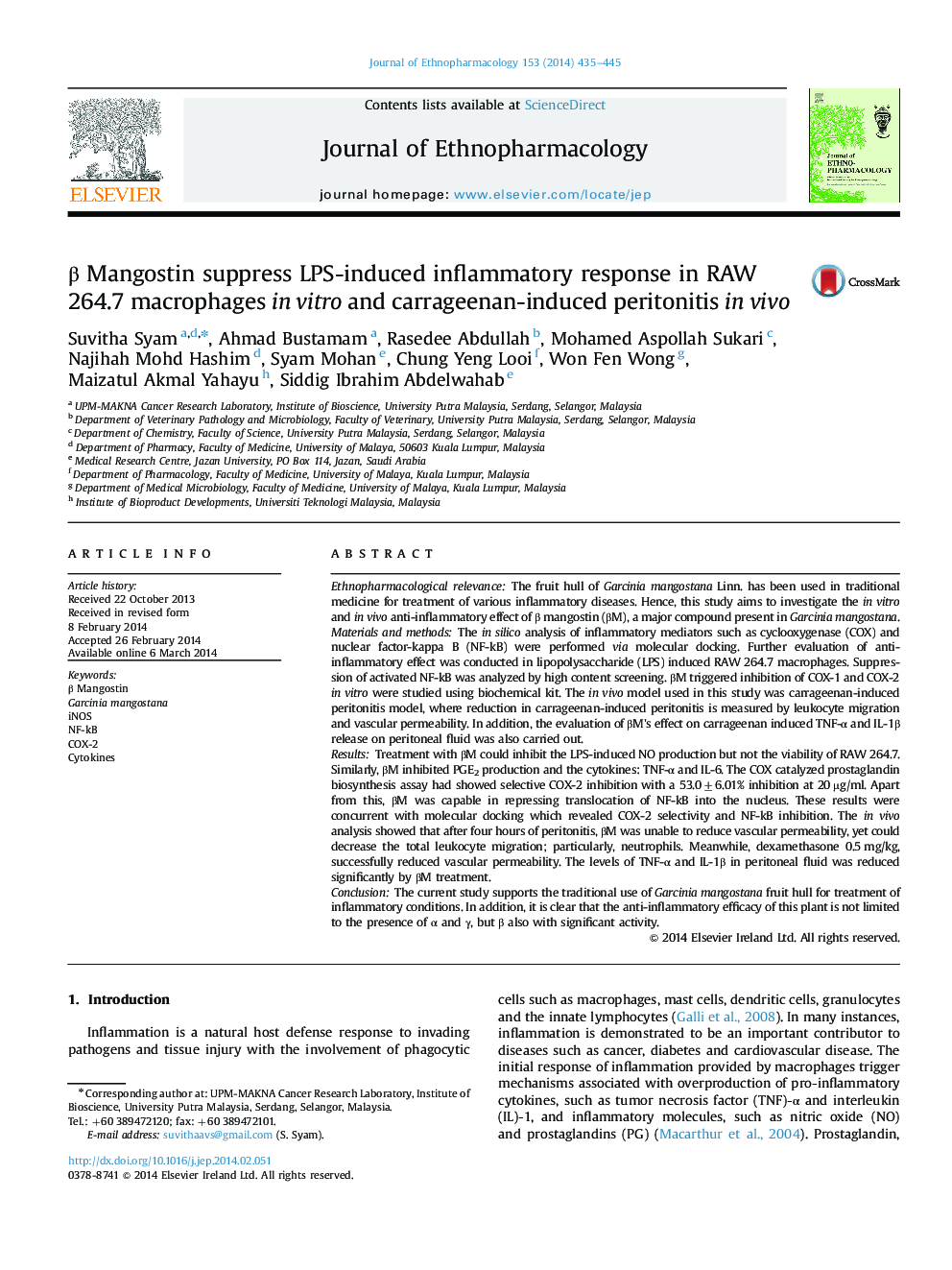 Î² Mangostin suppress LPS-induced inflammatory response in RAW 264.7 macrophages in vitro and carrageenan-induced peritonitis in vivo