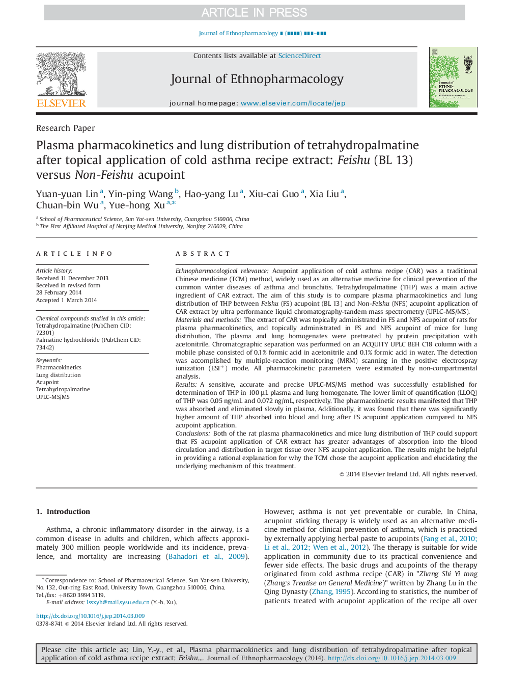 Plasma pharmacokinetics and lung distribution of tetrahydropalmatine after topical application of cold asthma recipe extract: Feishu (BL 13) versus Non-Feishu acupoint