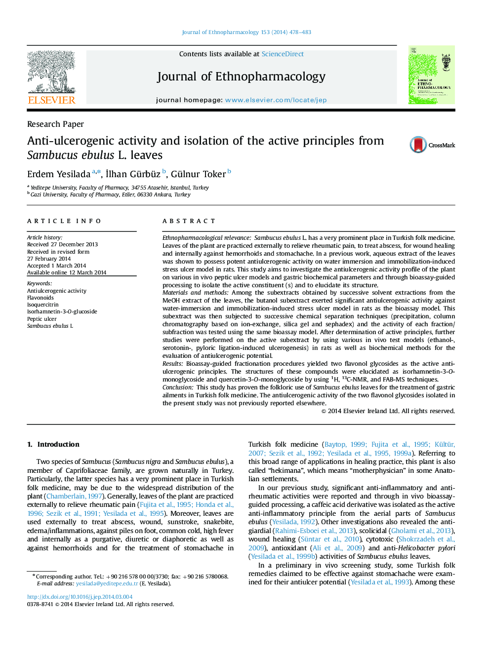 Research PaperAnti-ulcerogenic activity and isolation of the active principles from Sambucus ebulus L. leaves