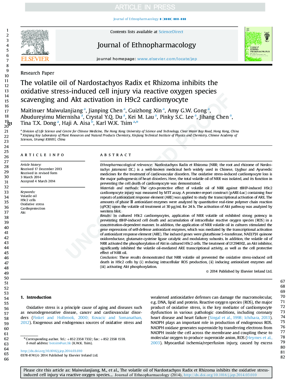 The volatile oil of Nardostachyos Radix et Rhizoma inhibits the oxidative stress-induced cell injury via reactive oxygen species scavenging and Akt activation in H9c2 cardiomyocyte