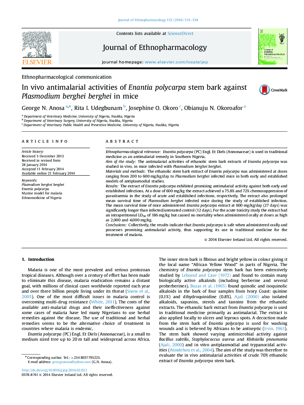 In vivo antimalarial activities of Enantia polycarpa stem bark against Plasmodium berghei berghei in mice