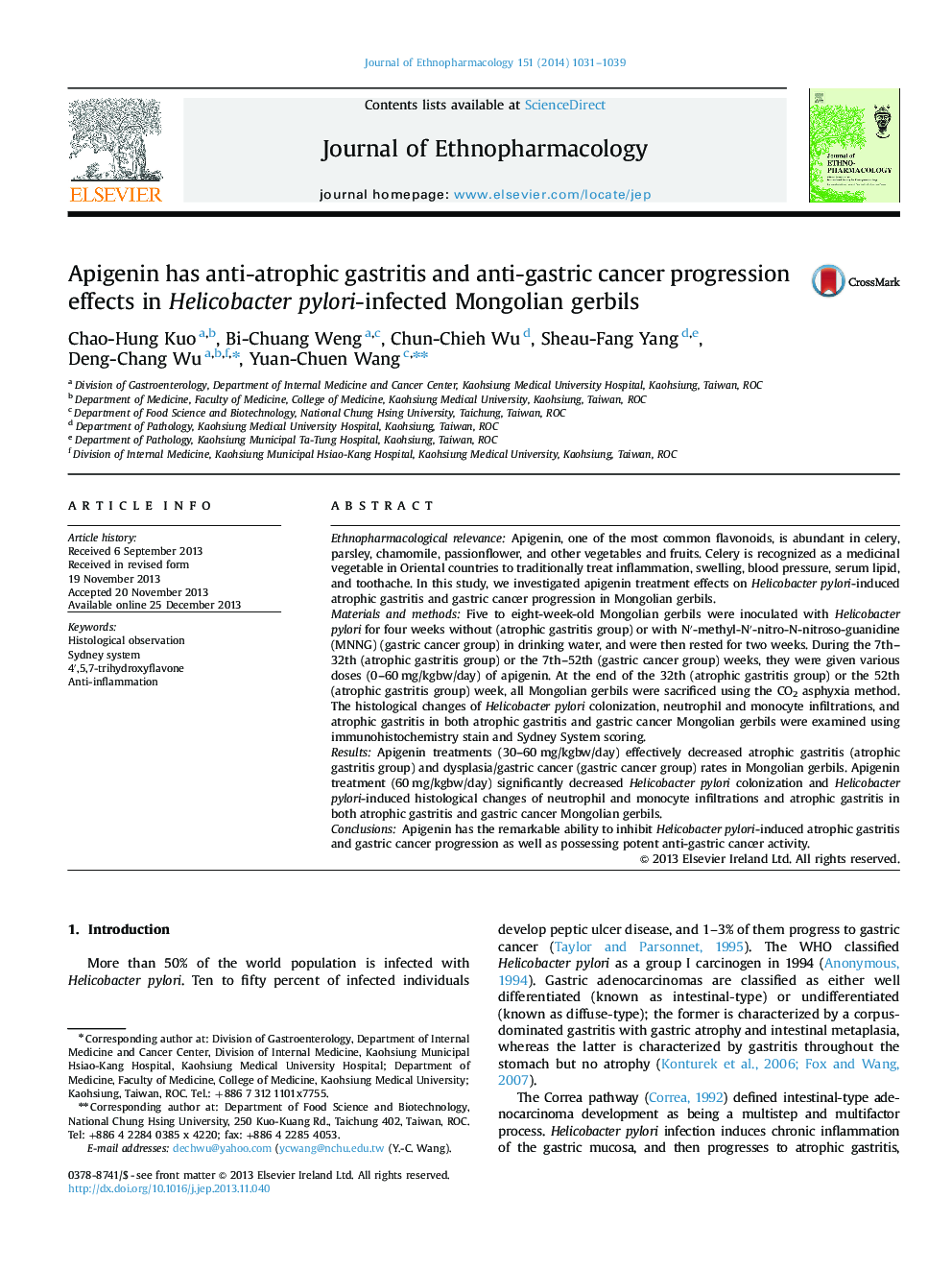 Apigenin has anti-atrophic gastritis and anti-gastric cancer progression effects in Helicobacter pylori-infected Mongolian gerbils