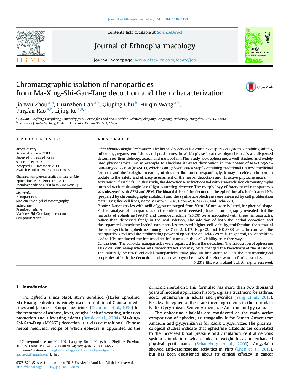 Chromatographic isolation of nanoparticles from Ma-Xing-Shi-Gan-Tang decoction and their characterization