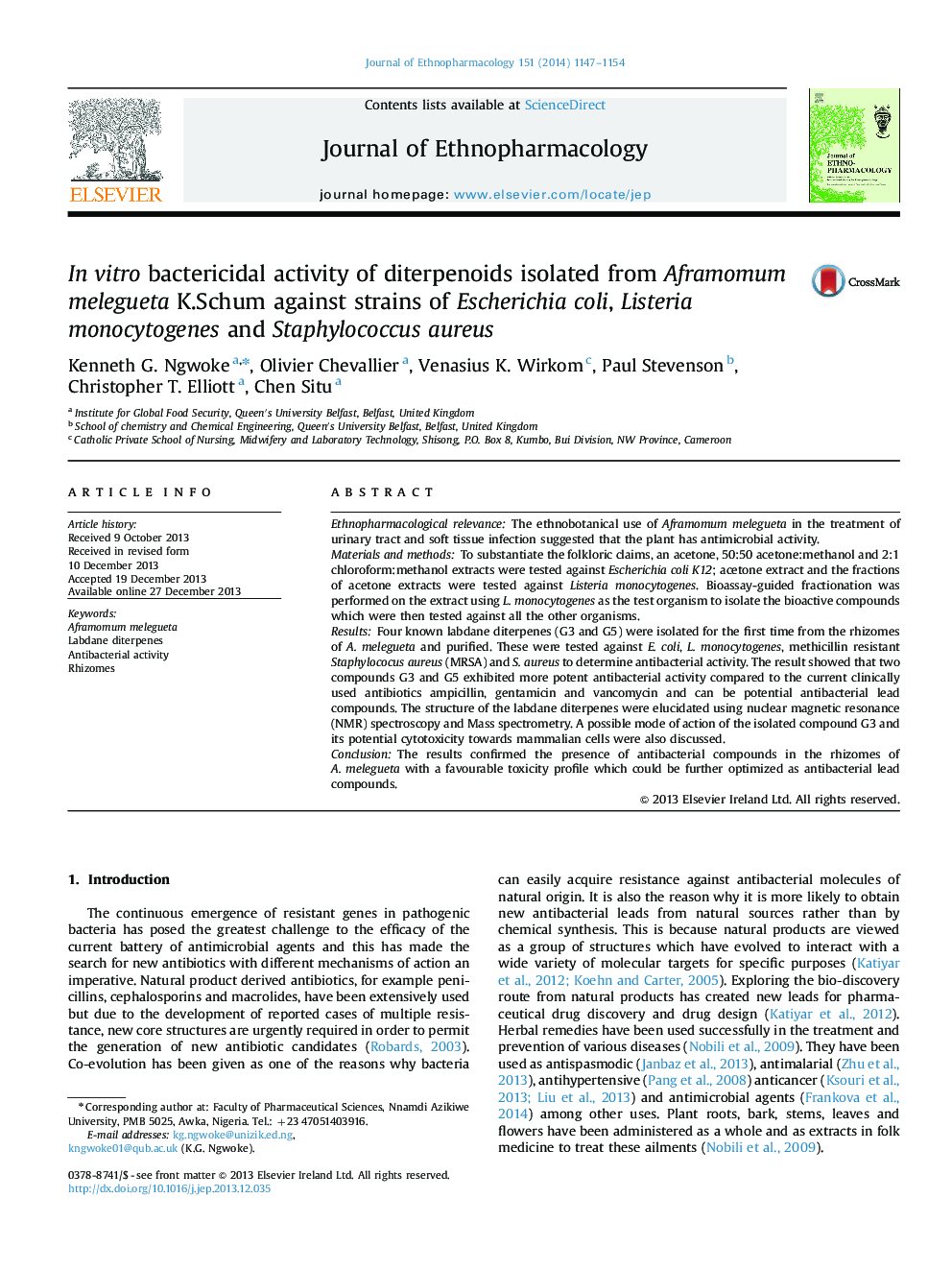 In vitro bactericidal activity of diterpenoids isolated from Aframomum melegueta K.Schum against strains of Escherichia coli, Listeria monocytogenes and Staphylococcus aureus