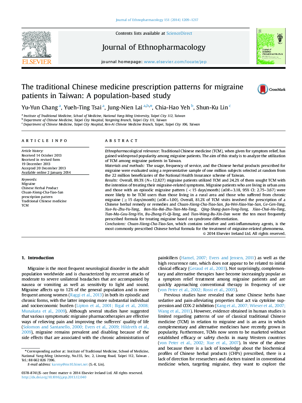 The traditional Chinese medicine prescription patterns for migraine patients in Taiwan: A population-based study