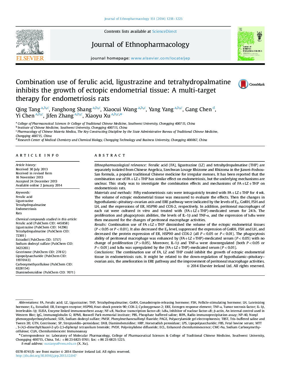 Combination use of ferulic acid, ligustrazine and tetrahydropalmatine inhibits the growth of ectopic endometrial tissue: A multi-target therapy for endometriosis rats