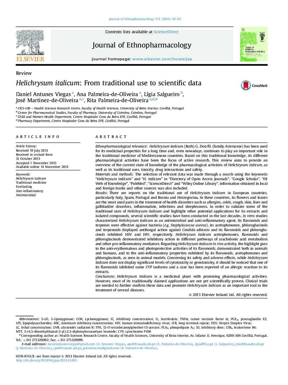 ReviewHelichrysum italicum: From traditional use to scientific data