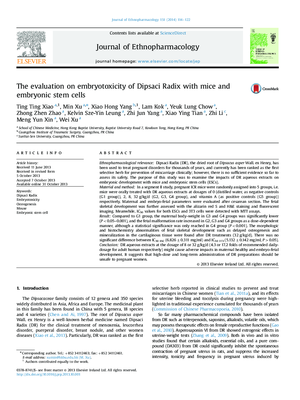 The evaluation on embryotoxicity of Dipsaci Radix with mice and embryonic stem cells