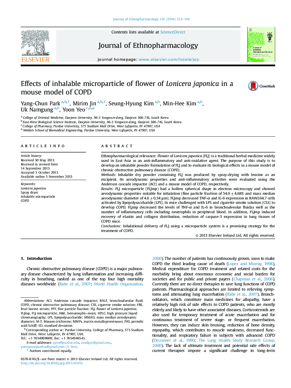 عکس صفحه اول مقاله: Effects of inhalable microparticle of flower of Lonicera japonica in a mouse model of COPD Effects of inhalable microparticle of flower of Lonicera japonica in a mouse model of COPD