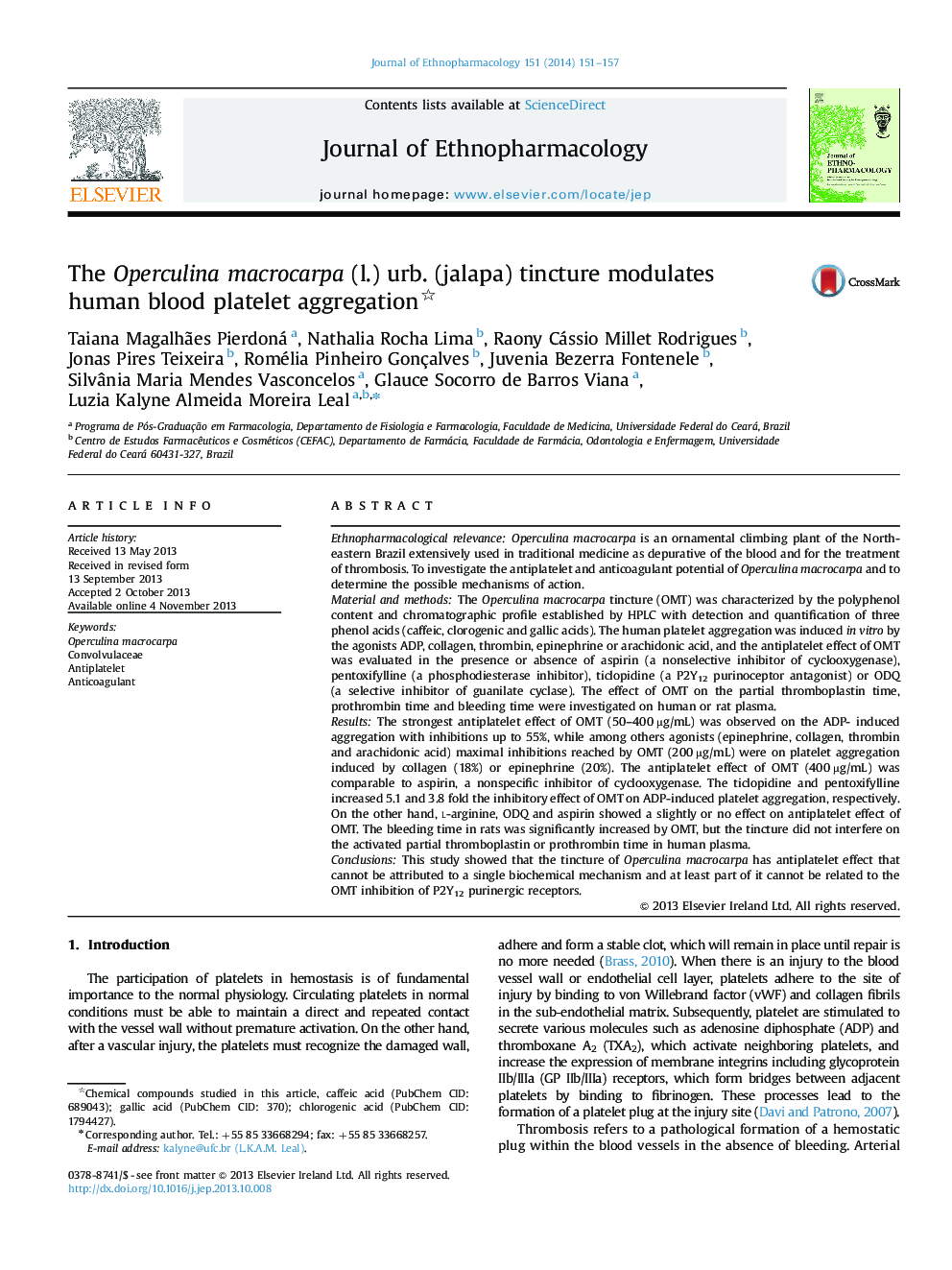 The Operculina macrocarpa (l.) urb. (jalapa) tincture modulates human blood platelet aggregation