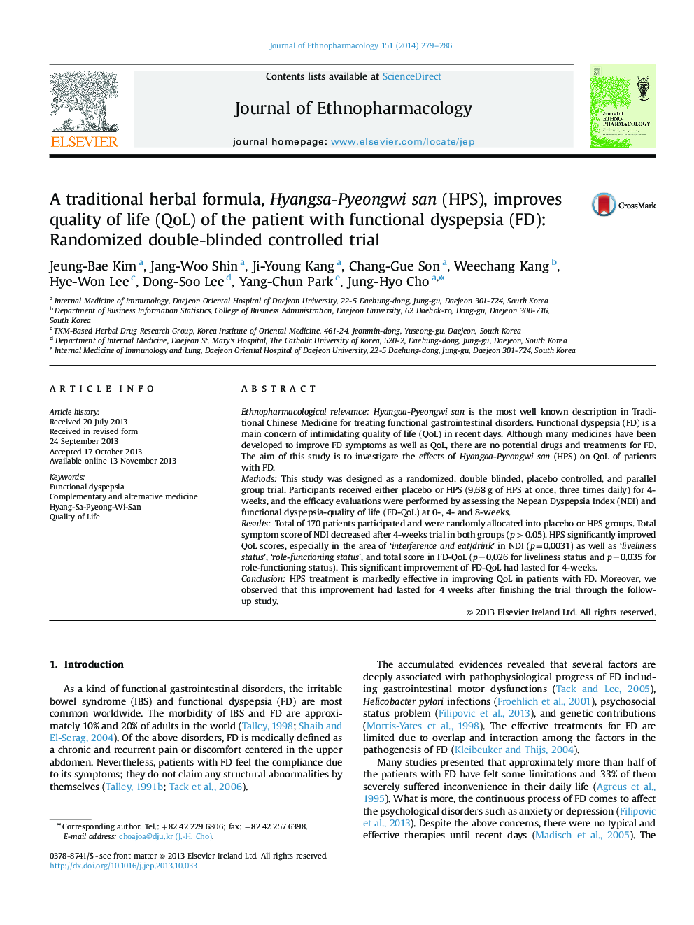 A traditional herbal formula, Hyangsa-Pyeongwi san (HPS), improves quality of life (QoL) of the patient with functional dyspepsia (FD): Randomized double-blinded controlled trial