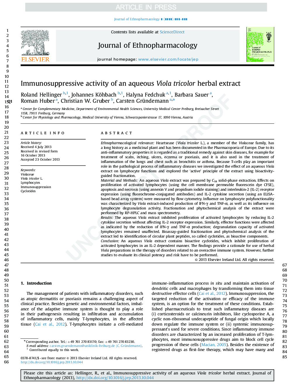 Immunosuppressive activity of an aqueous Viola tricolor herbal extract