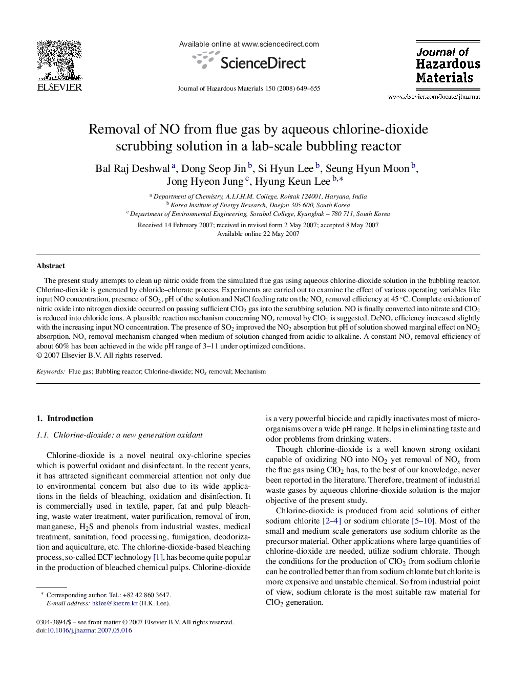 Removal of NO from flue gas by aqueous chlorine-dioxide scrubbing solution in a lab-scale bubbling reactor