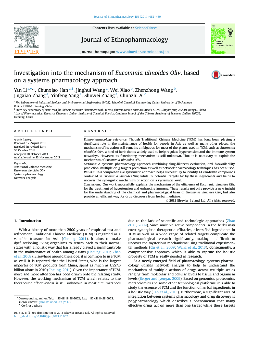 Investigation into the mechanism of Eucommia ulmoides Oliv. based on a systems pharmacology approach